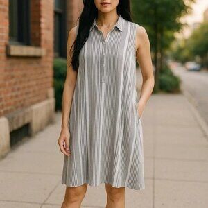 Tahari 100% Linen Shirt Dress 1X Tunic Shift Black White Striped Sleeveless